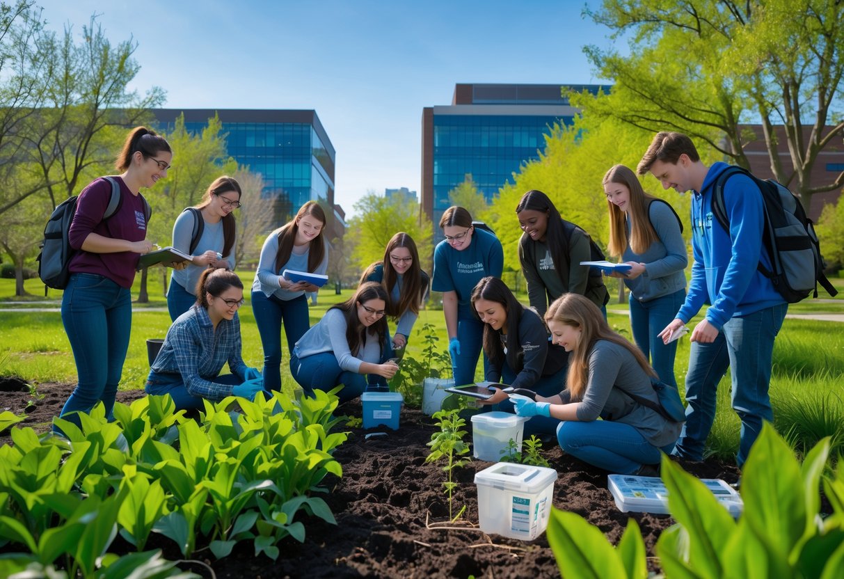 A diverse group of students conducting environmental science research outdoors on a university campus surrounded by trees and buildings.
