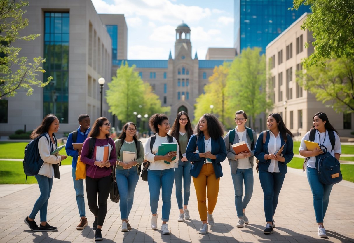 A diverse group of university students smiling and walking together outdoors on a sunny day at a university campus with modern buildings and trees.