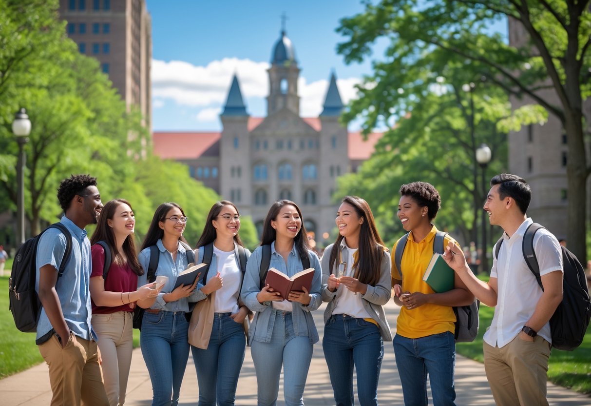 A diverse group of university students smiling and talking outdoors on a sunny day near campus buildings surrounded by trees.