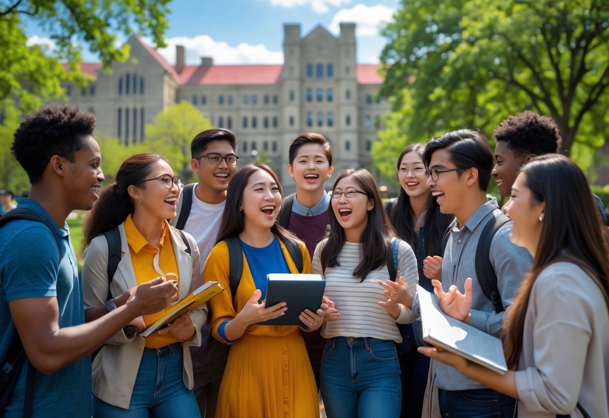 A diverse group of university students talking and studying together outdoors on a sunny day at a university campus.