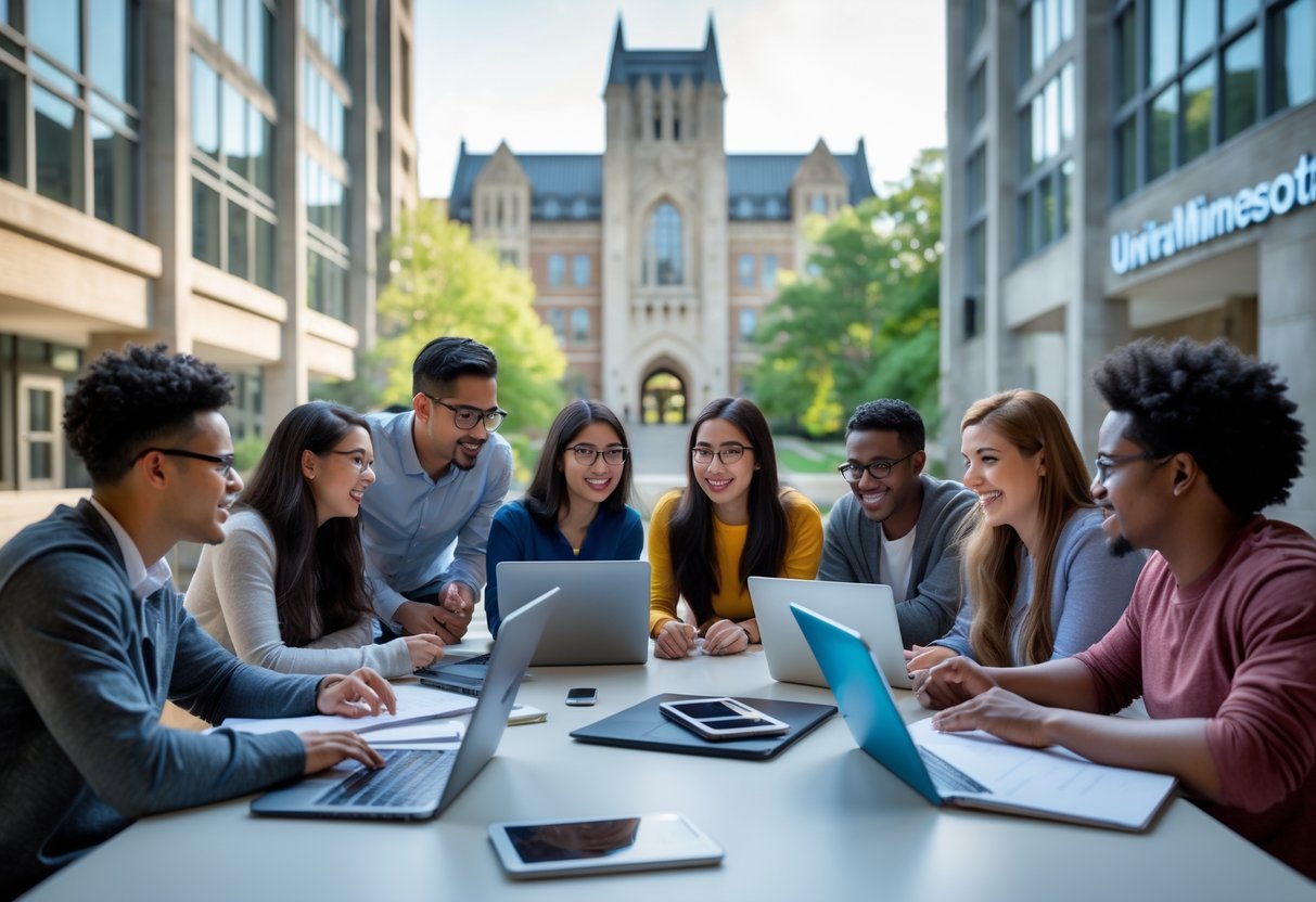 A diverse group of university students collaborating around a table with laptops and notebooks in a modern campus setting.
