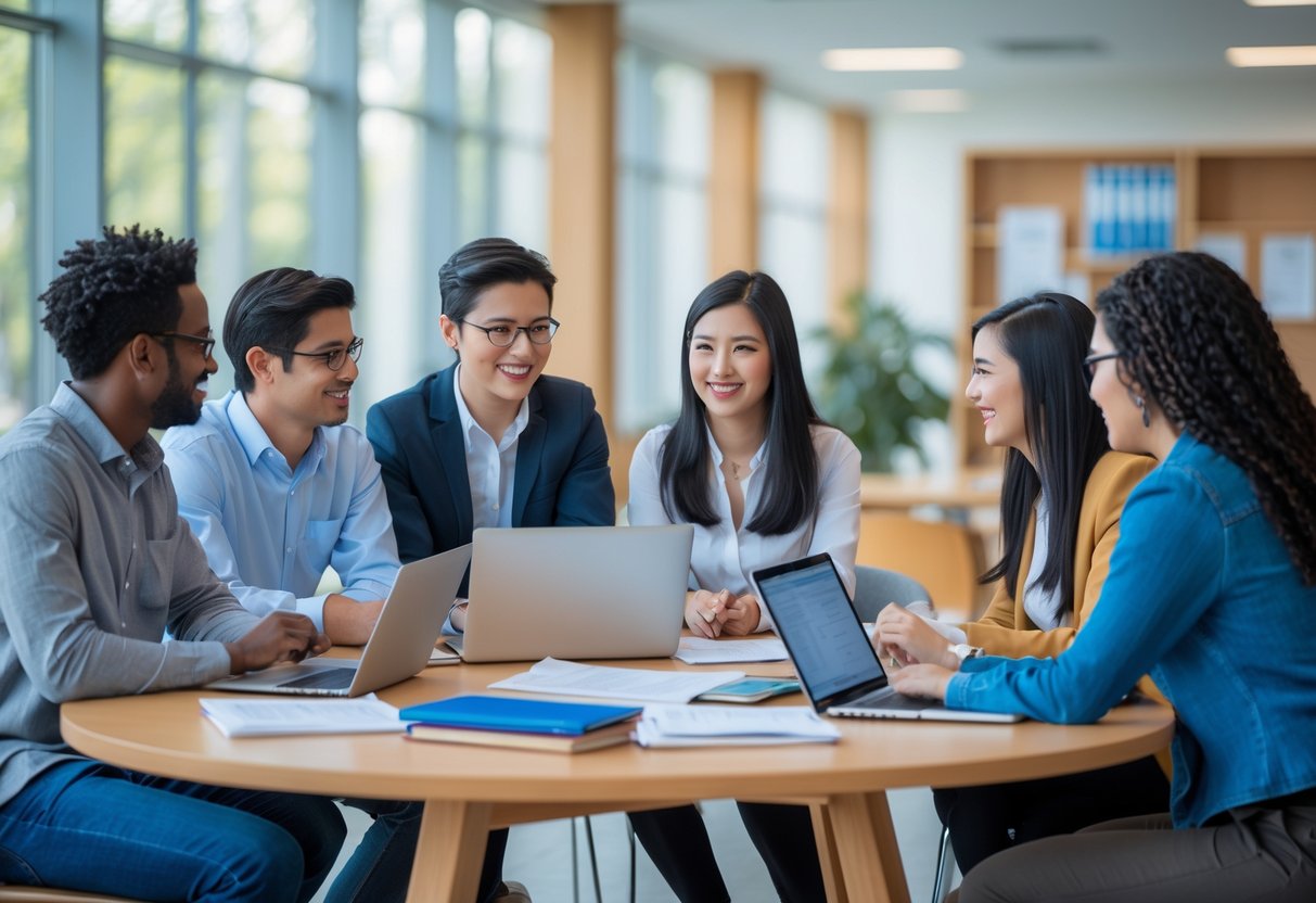 A diverse group of graduate students and researchers collaborating around a table in a bright university setting with laptops and notebooks.