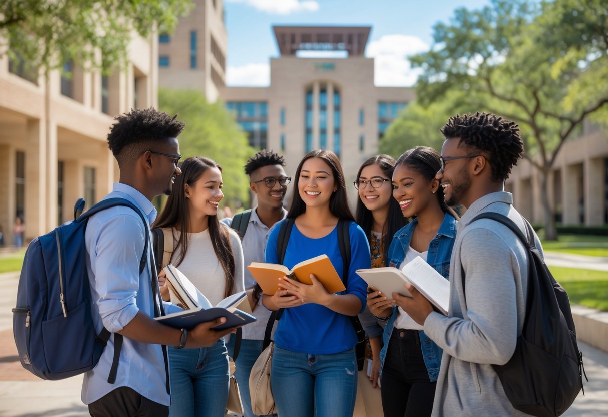 45 Fully Funded Scholarships | Texas A&M University 2026 32 A group of diverse college students studying and talking together outside on a university campus with academic buildings and greenery in the background.
