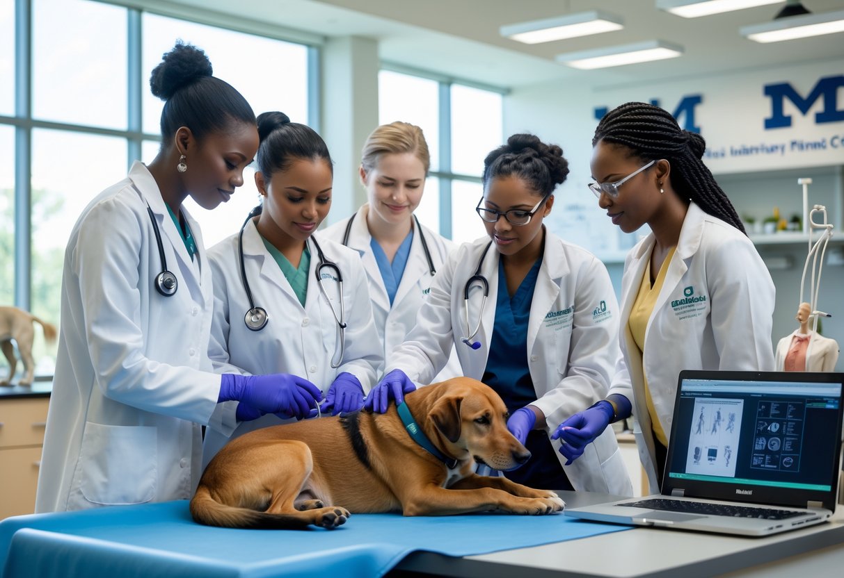 A group of veterinary students and a professor examining a dog in a bright university veterinary classroom.