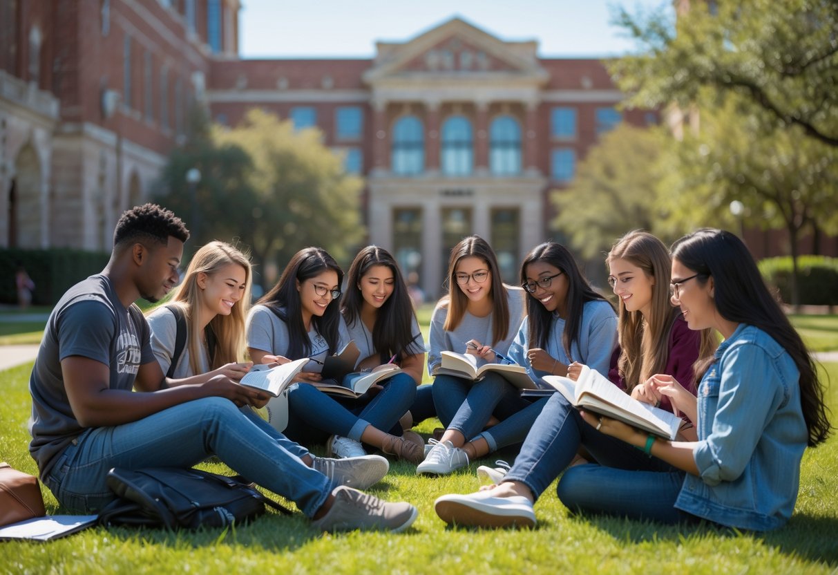 45 Fully Funded Scholarships | Texas A&M University 2026 33 A diverse group of college students studying and collaborating outdoors on a university campus with brick buildings and green lawns in the background.