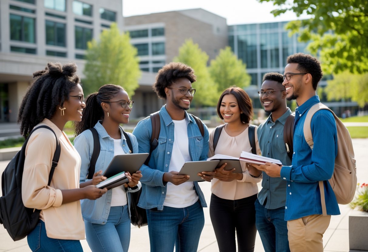 A group of graduate students studying together outdoors on a university campus with modern buildings and trees in the background.