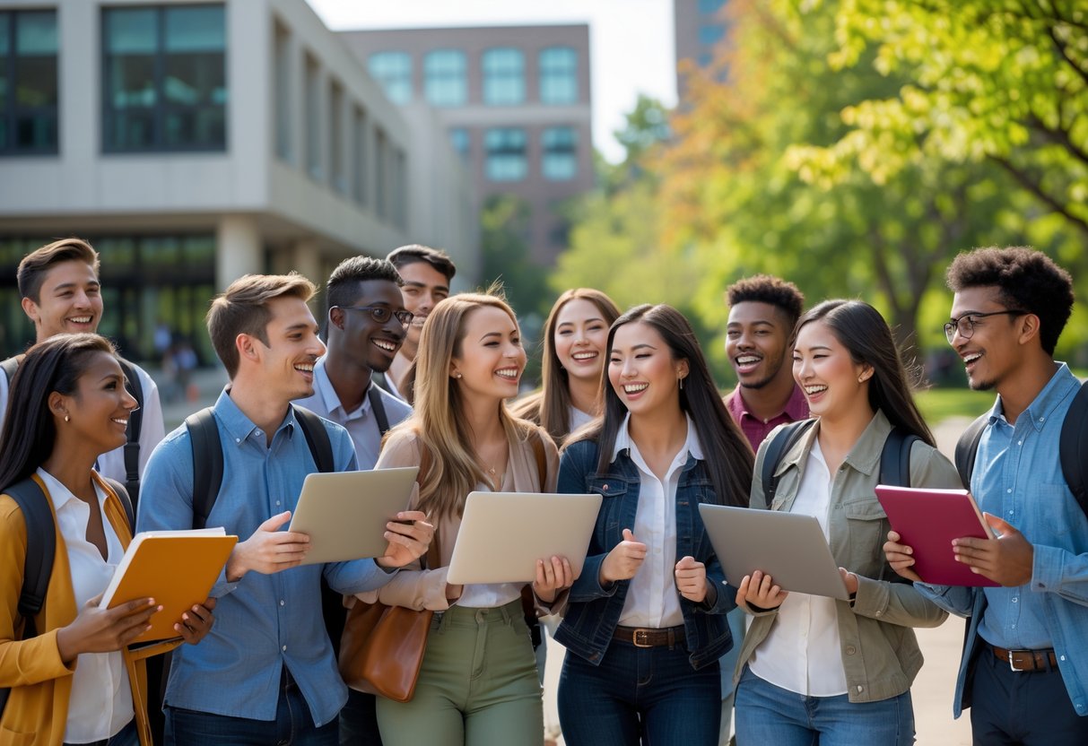 A diverse group of university students smiling and talking outdoors on a sunny day at a university campus with modern buildings and trees in the background.