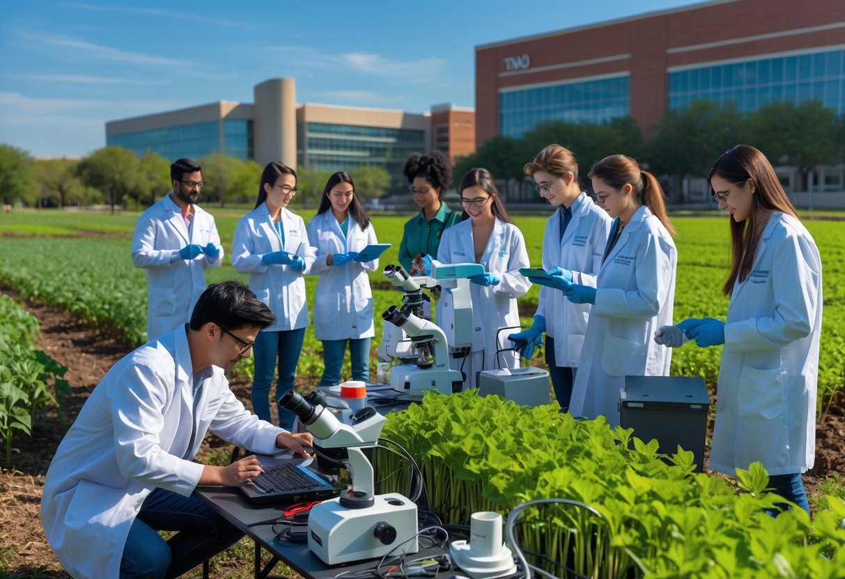 45 Fully Funded Scholarships | Texas A&M University 2026 35 A group of students and researchers working in a green agricultural field and laboratory setting at a university campus.