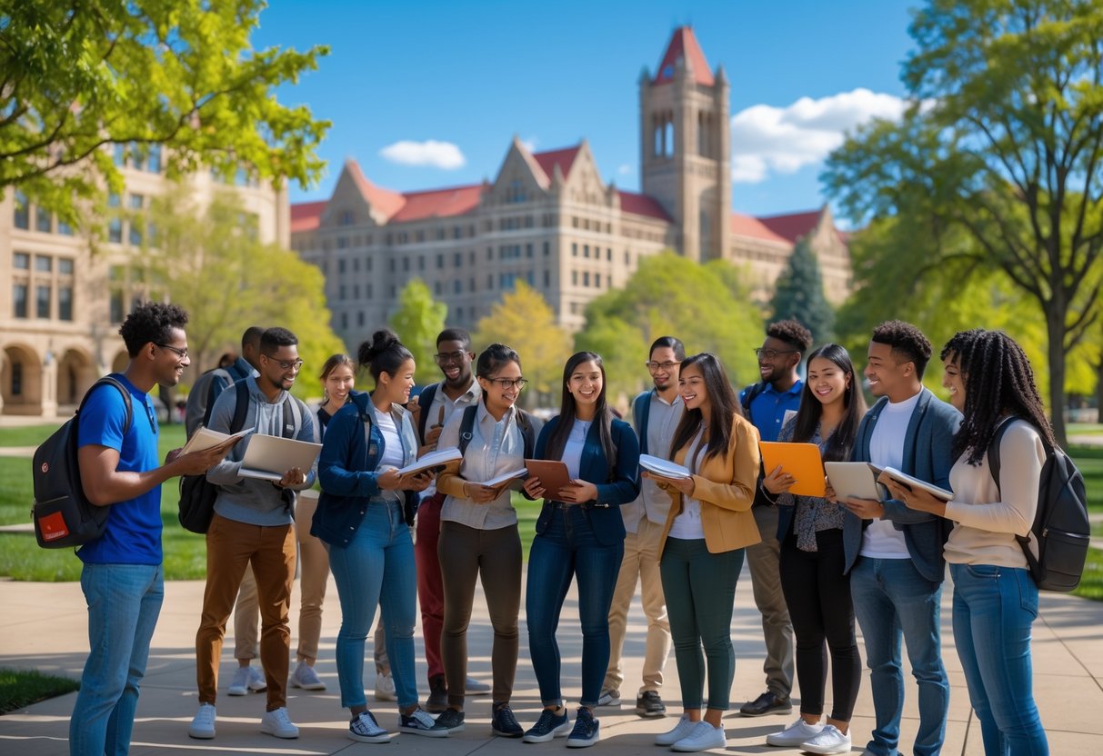 A group of diverse university students studying and talking outdoors on a sunny day at a university campus with buildings and trees in the background.