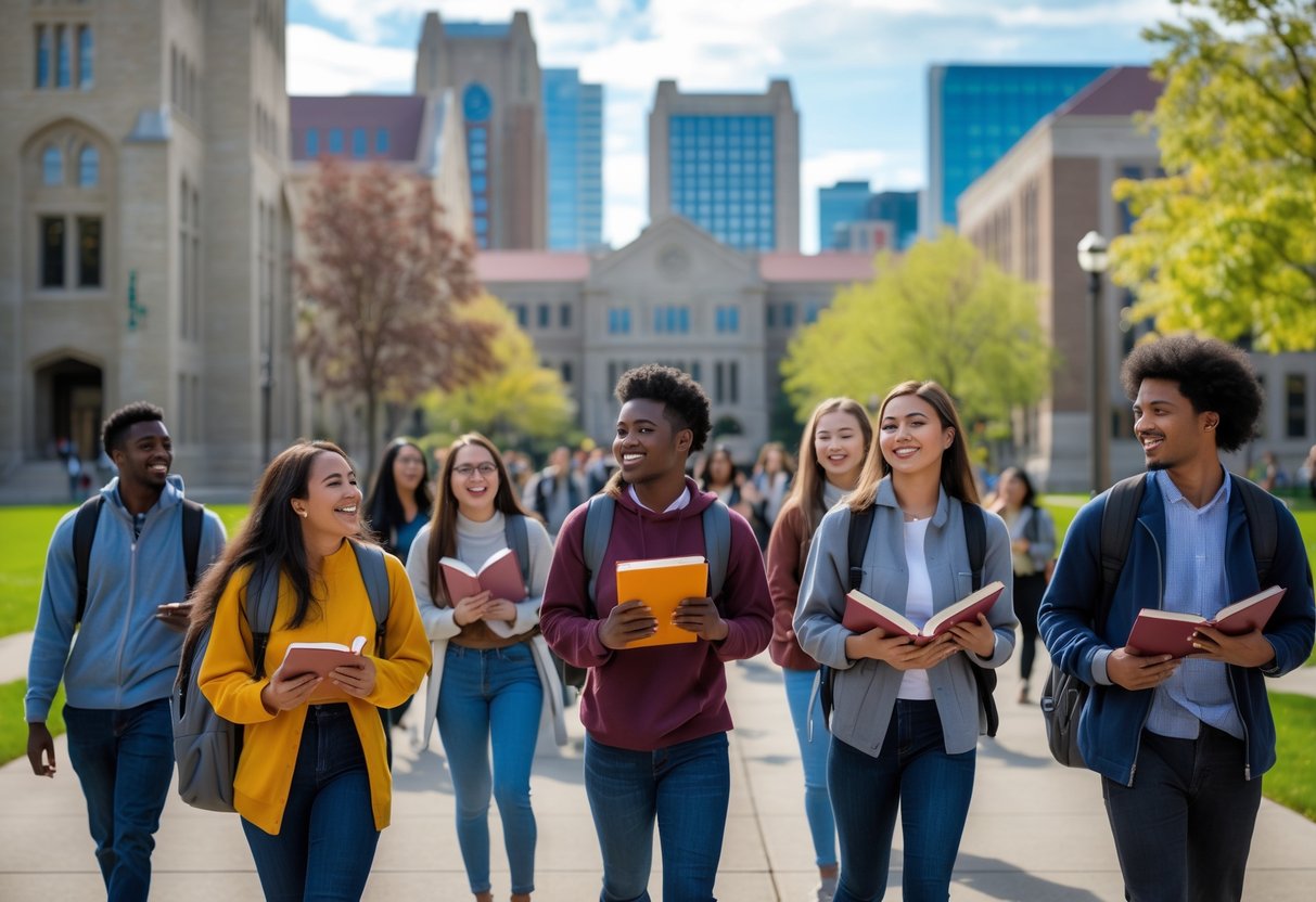 A group of diverse college freshmen students smiling and talking outdoors on a university campus with buildings and greenery in the background.
