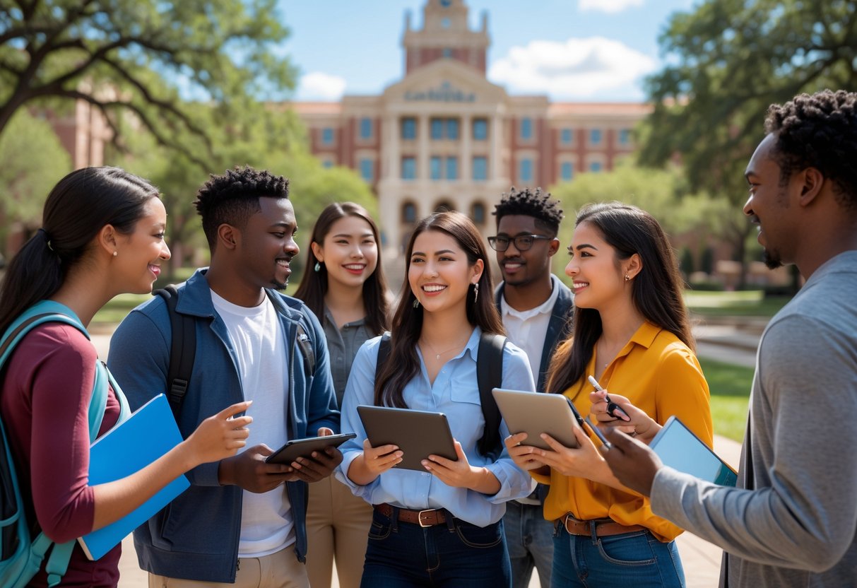 45 Fully Funded Scholarships | Texas A&M University 2026 37 A group of diverse college students studying and discussing together outdoors on a university campus with buildings and trees in the background.