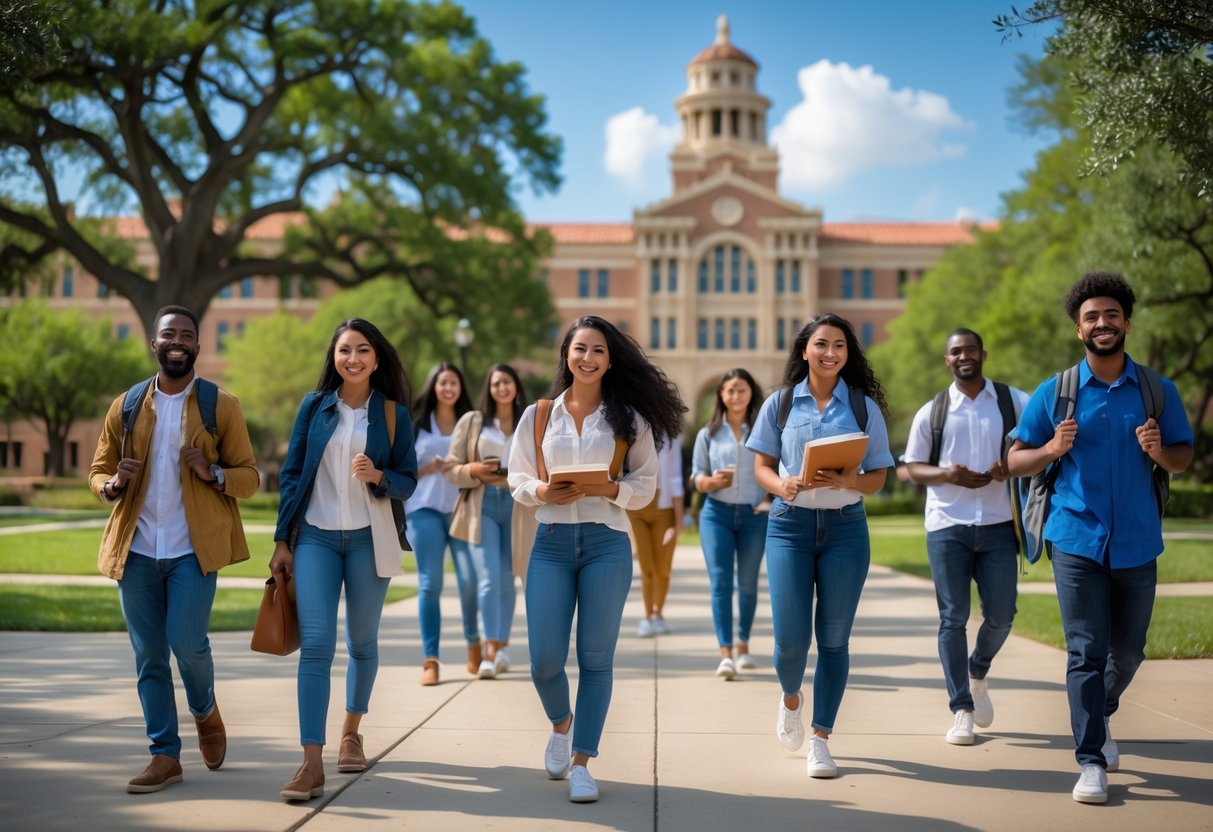 45 Fully Funded Scholarships | Texas A&M University 2026 38 A group of diverse graduate students standing and walking on a sunny Texas A&M University campus with trees and buildings in the background.