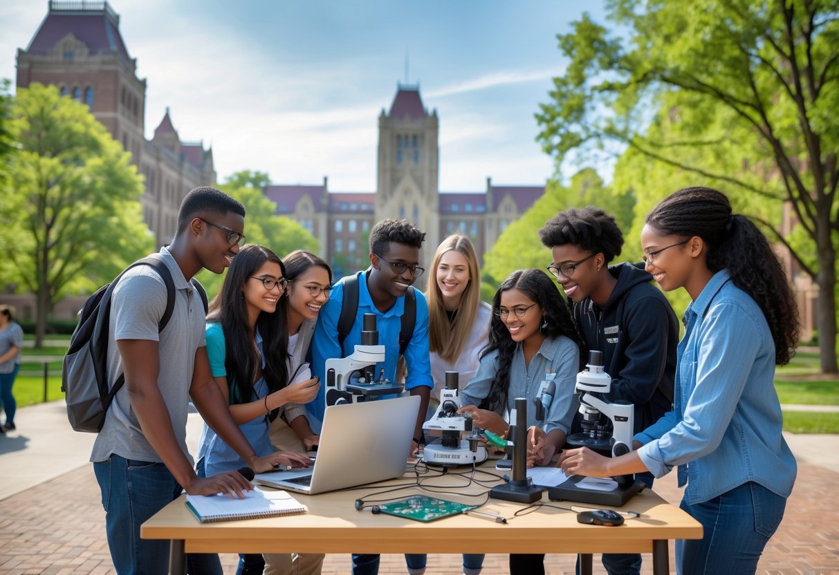 Diverse students working together on a science project outdoors on a university campus with buildings and trees in the background.