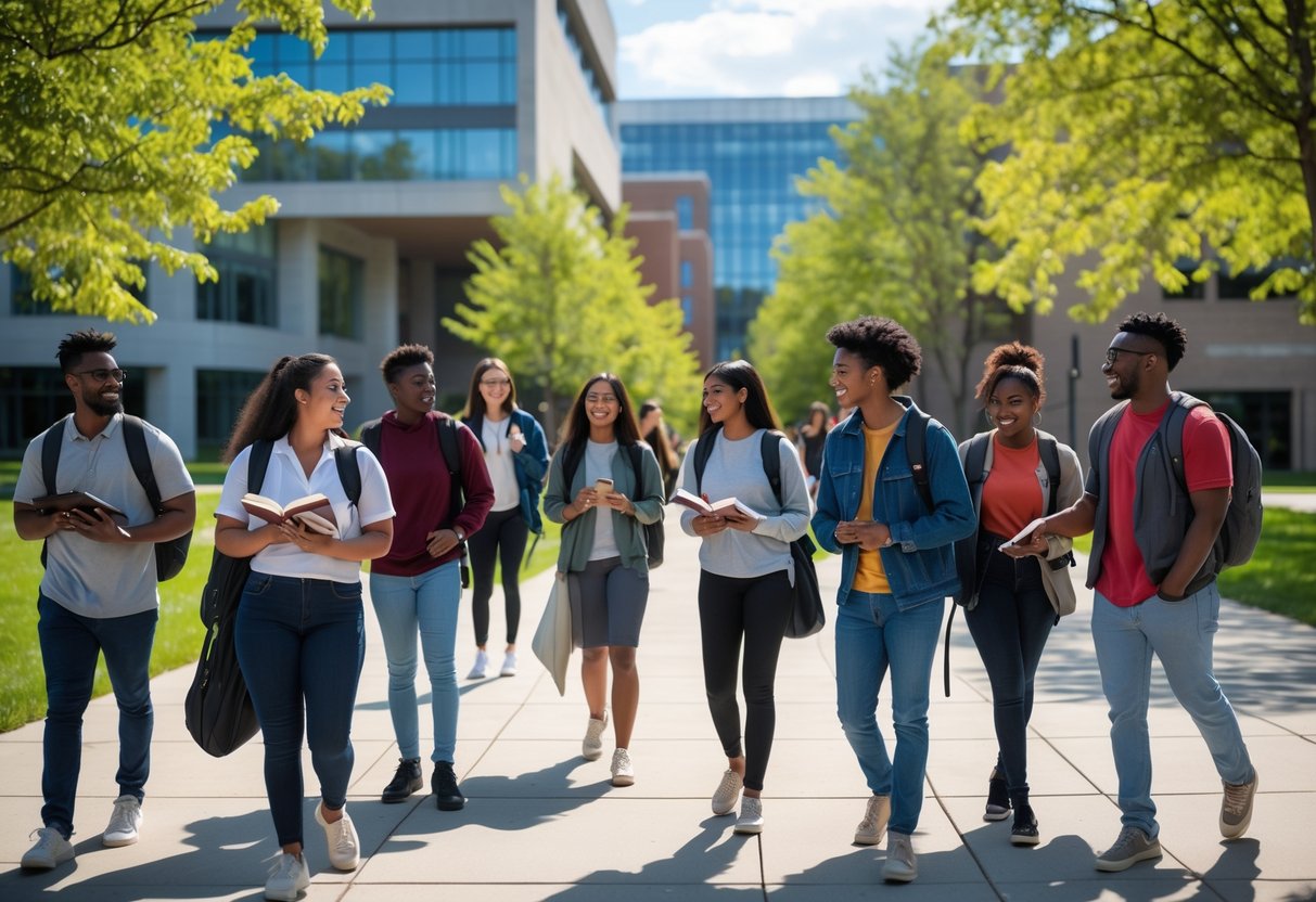 A diverse group of college students interacting outdoors on a university campus with modern buildings and greenery in the background.