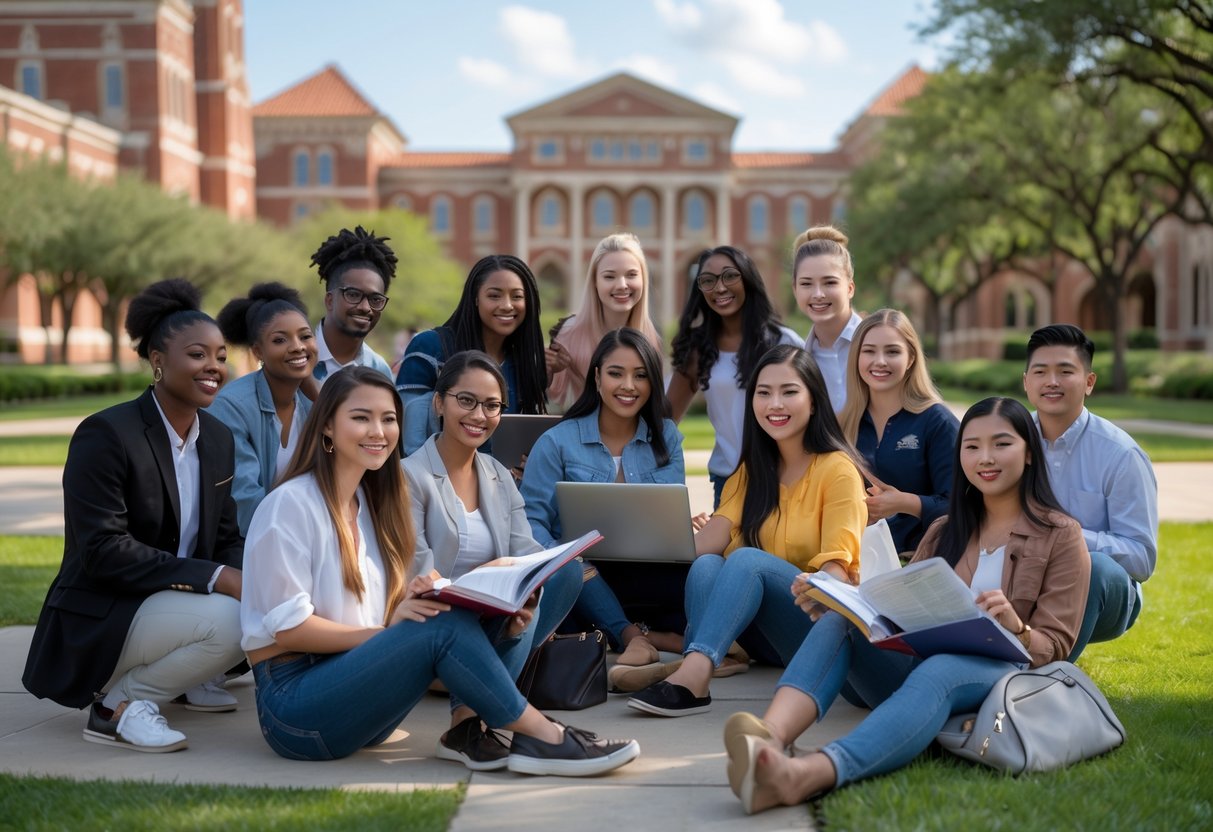 45 Fully Funded Scholarships | Texas A&M University 2026 39 A group of diverse college students studying together outdoors on the Texas A&M University College of Law campus with red brick buildings and green lawns in the background.