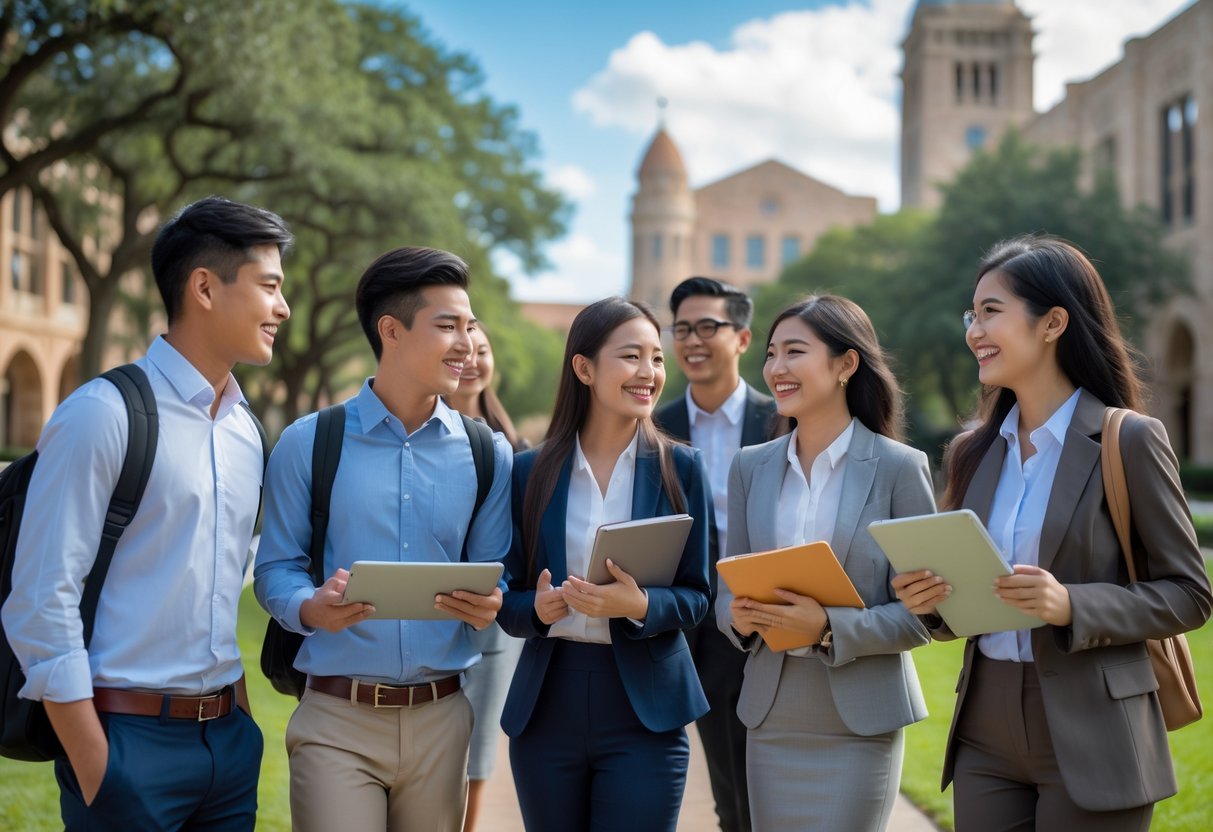 45 Fully Funded Scholarships | Texas A&M University 2026 40 A group of diverse graduate students smiling and talking on a university campus with Texas A&M University buildings in the background.