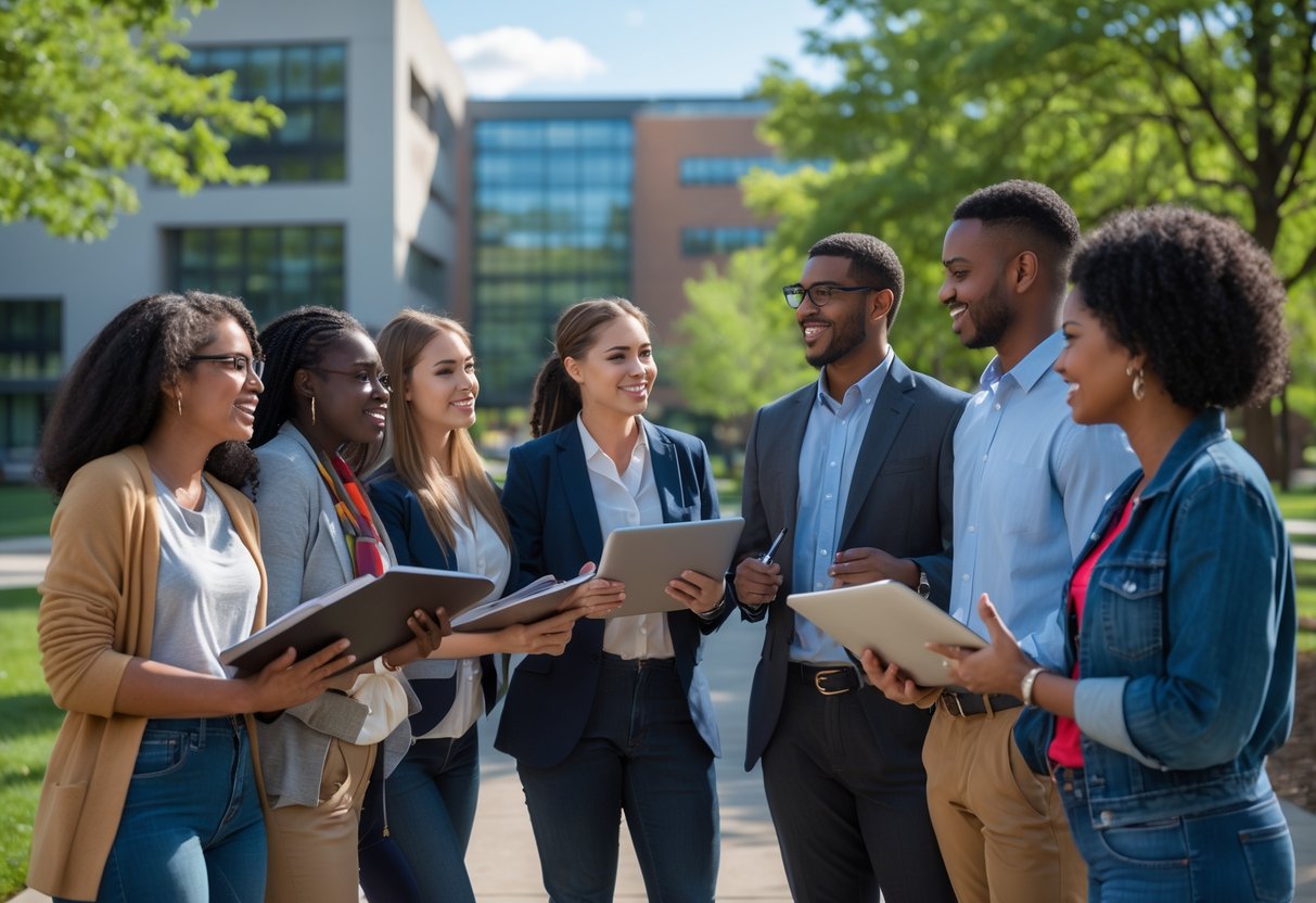 A diverse group of university students and a professor talking outdoors on a sunny day at a university campus.
