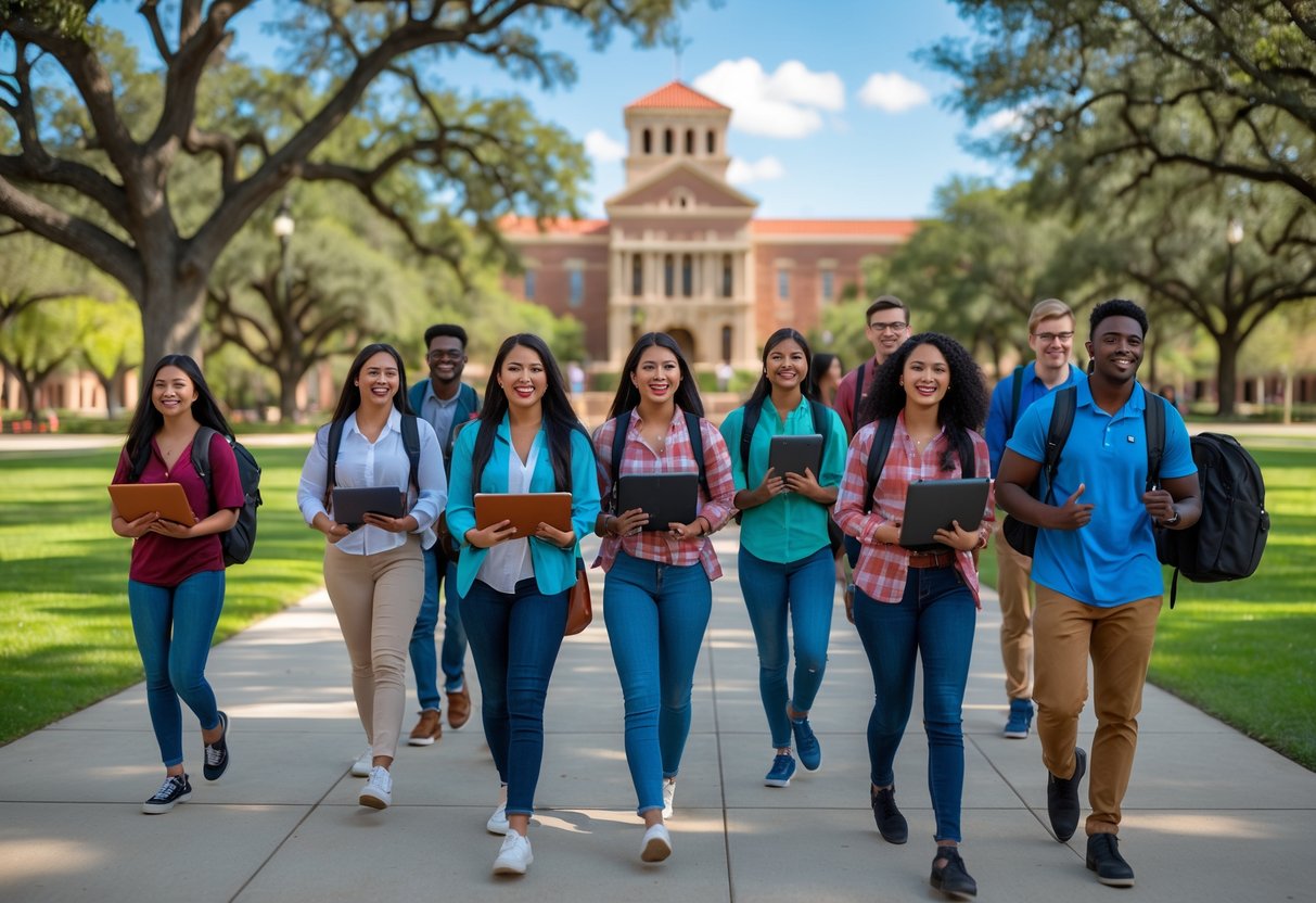 45 Fully Funded Scholarships | Texas A&M University 2026 41 A diverse group of college students studying and walking on the Texas A&M University campus with university buildings and trees in the background.