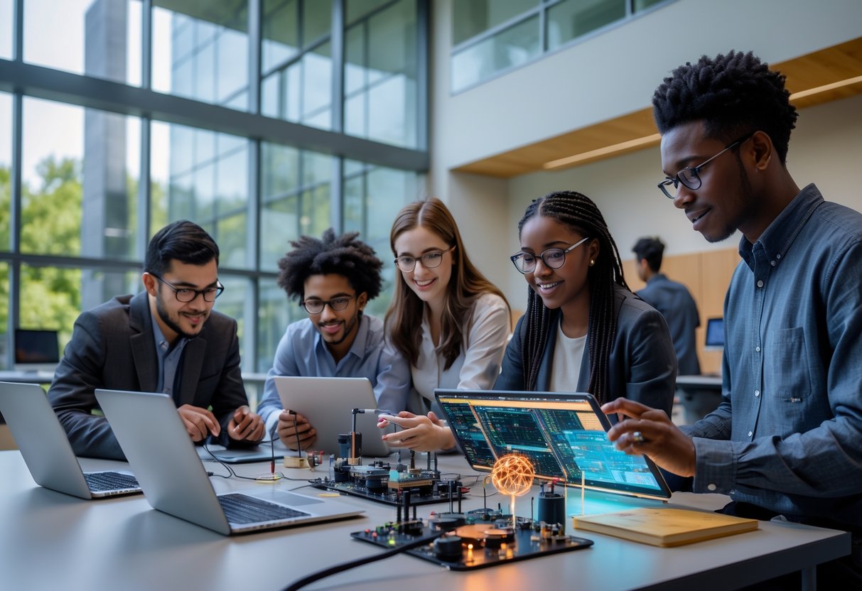 A group of diverse university students collaborating and working on technology projects in a bright research lab on a university campus.