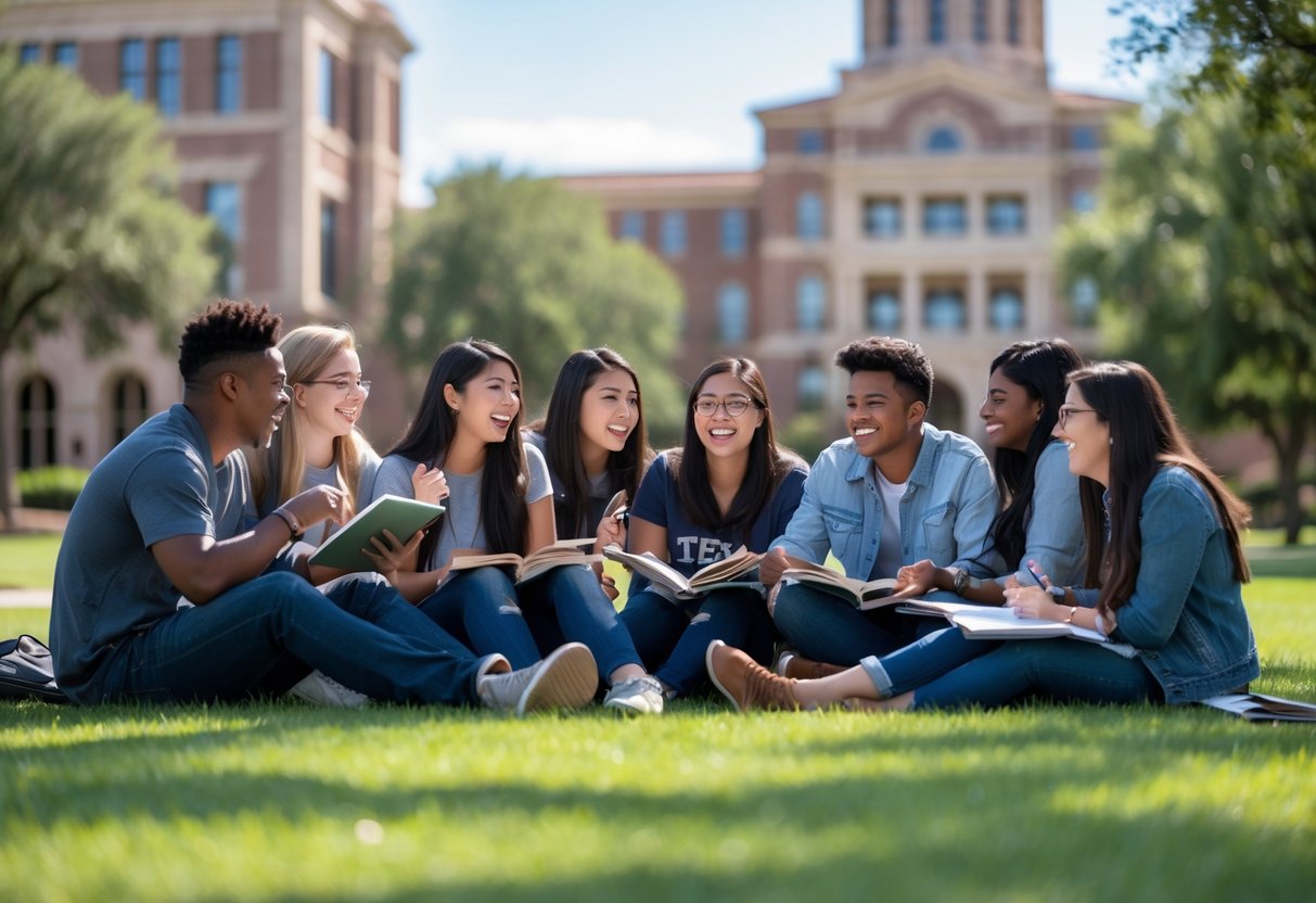 45 Fully Funded Scholarships | Texas A&M University 2026 42 A group of diverse college students studying and talking together outside on a university campus with academic buildings and green lawns in the background.