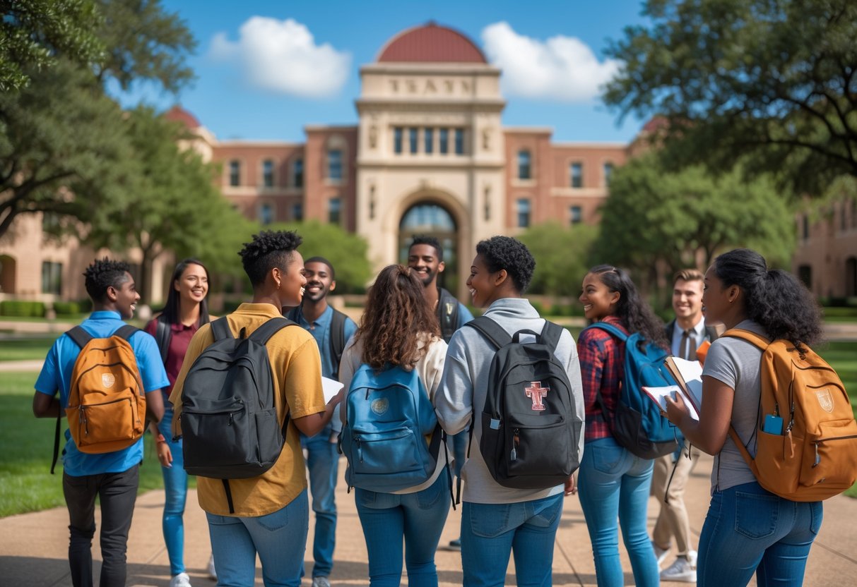 45 Fully Funded Scholarships | Texas A&M University 2026 44 A group of diverse first-year students smiling and talking outdoors on a university campus with buildings and trees in the background.