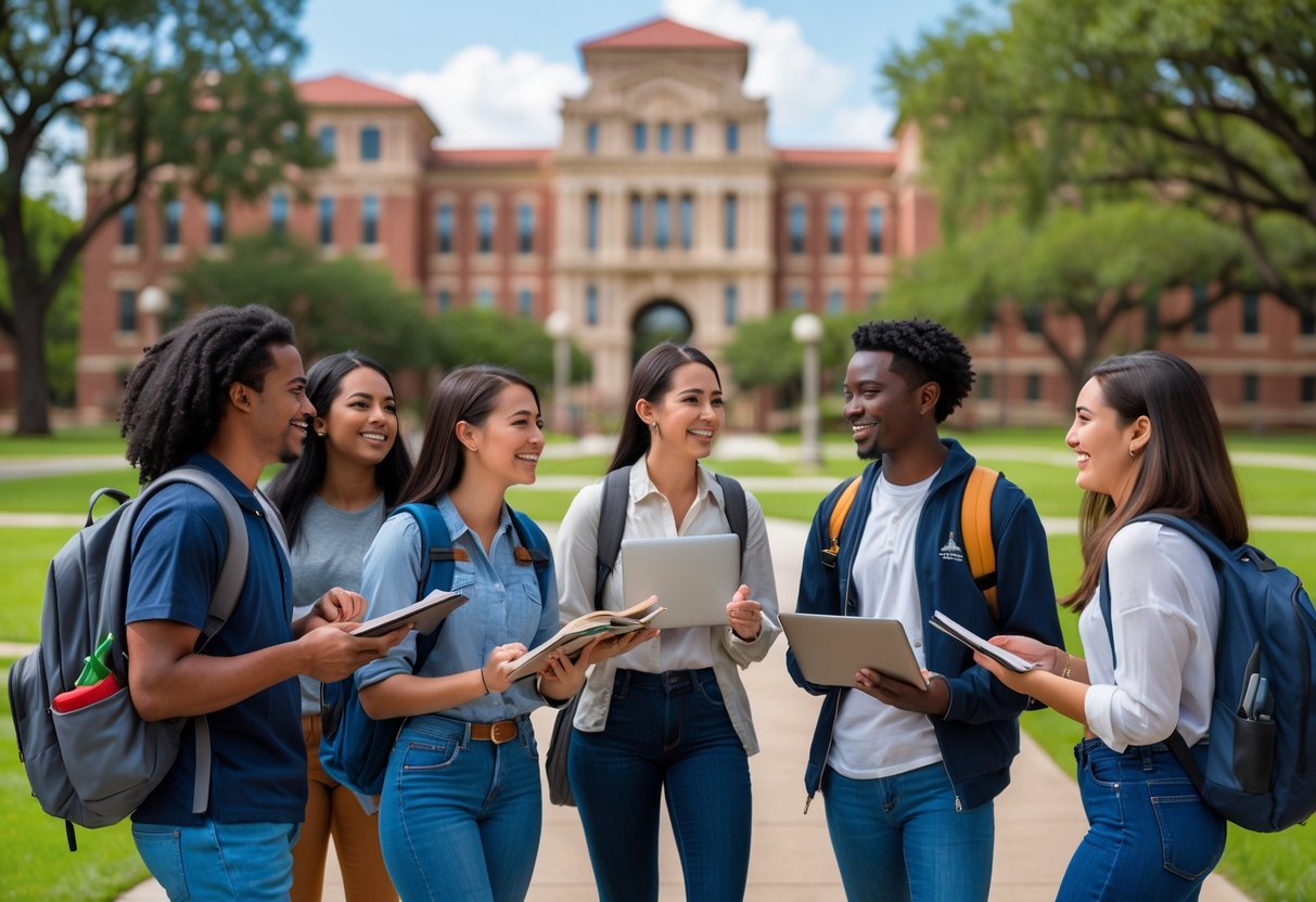 45 Fully Funded Scholarships | Texas A&M University 2026 46 A diverse group of college students studying and talking outdoors on a university campus with buildings and green lawns in the background.