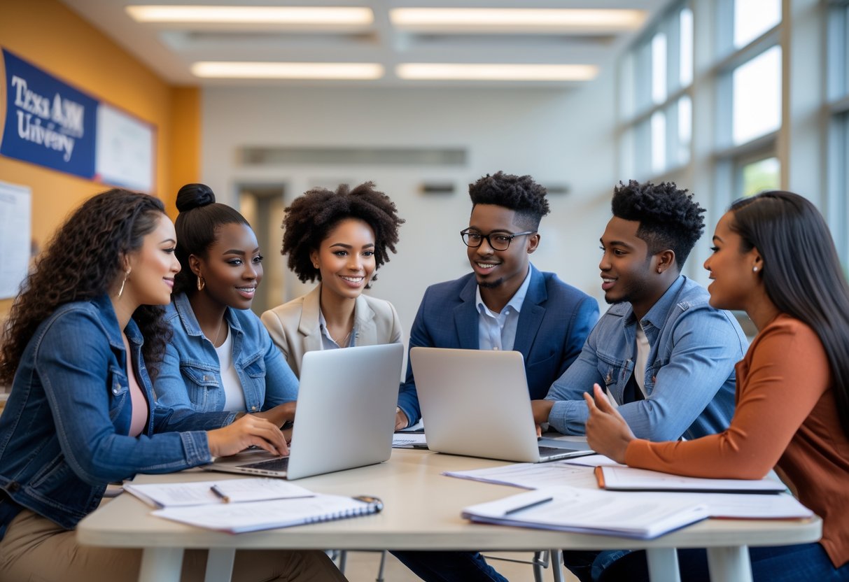 45 Fully Funded Scholarships | Texas A&M University 2026 48 A group of young adults discussing and working together around a table with laptops and papers in a university study area.