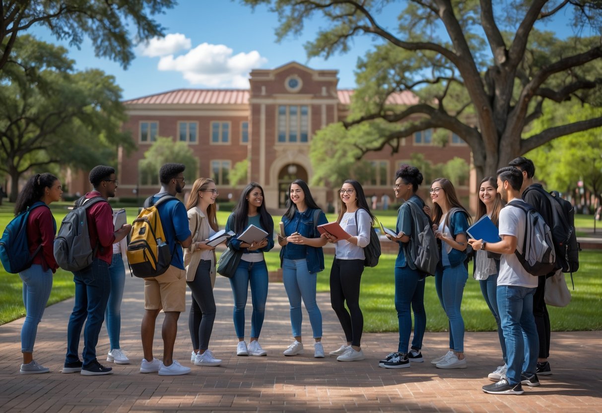 45 Fully Funded Scholarships | Texas A&M University 2026 49 A group of diverse college students studying and talking together outdoors on a university campus with distinctive buildings and trees in the background.