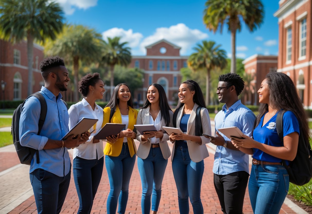 A group of diverse college students standing and talking on a university campus with buildings and trees in the background.