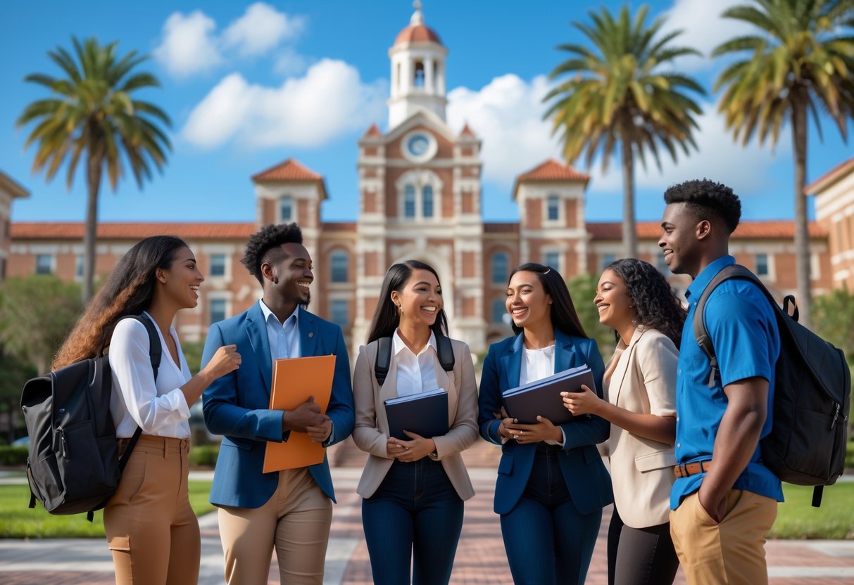 A group of diverse college students smiling and celebrating outdoors on a university campus with buildings and palm trees in the background.