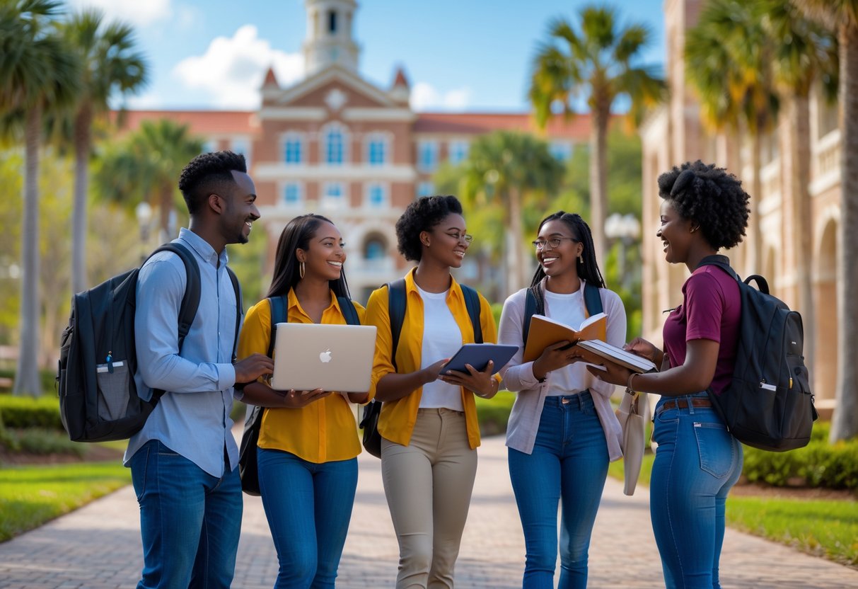 A group of diverse college students standing and talking outside on a university campus with trees and buildings in the background.