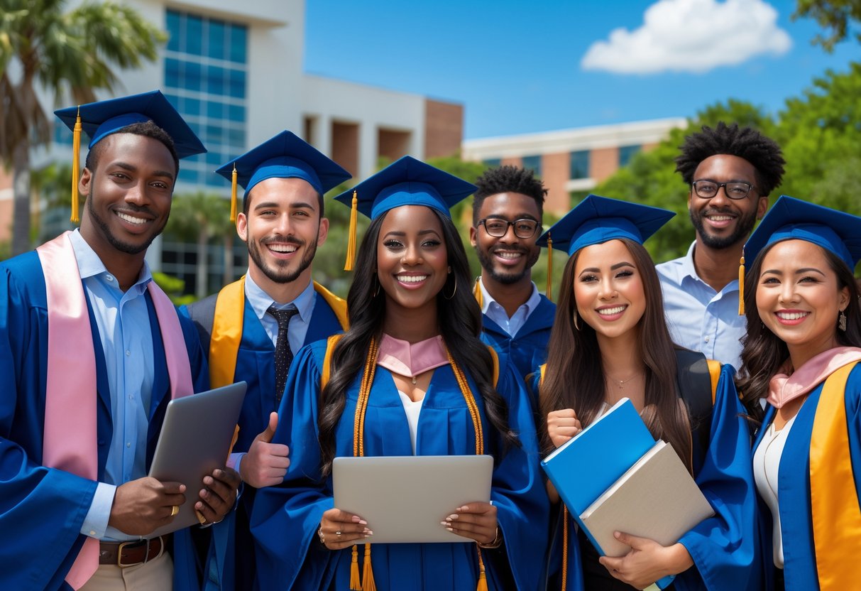 A group of diverse graduate students celebrating together outdoors on a university campus with academic buildings in the background.