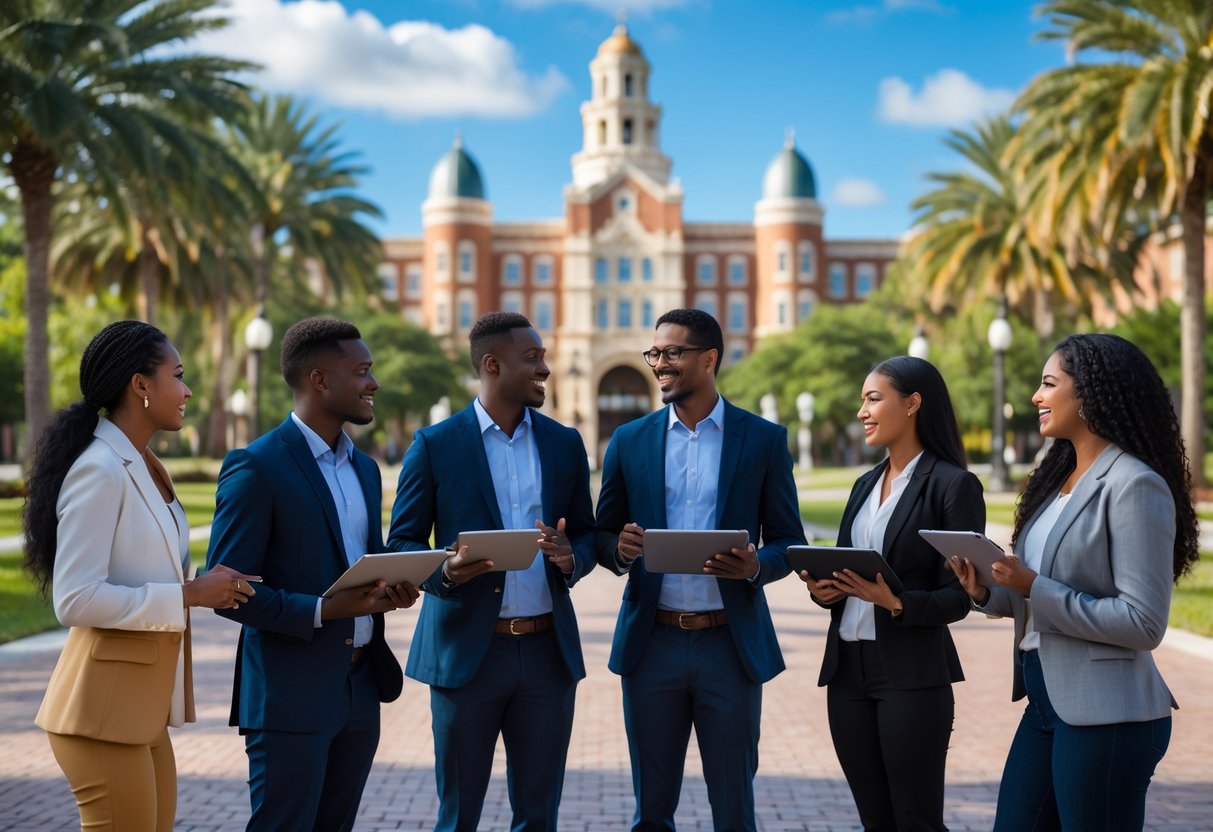 A group of diverse graduate students talking outdoors on a university campus with buildings and trees in the background.