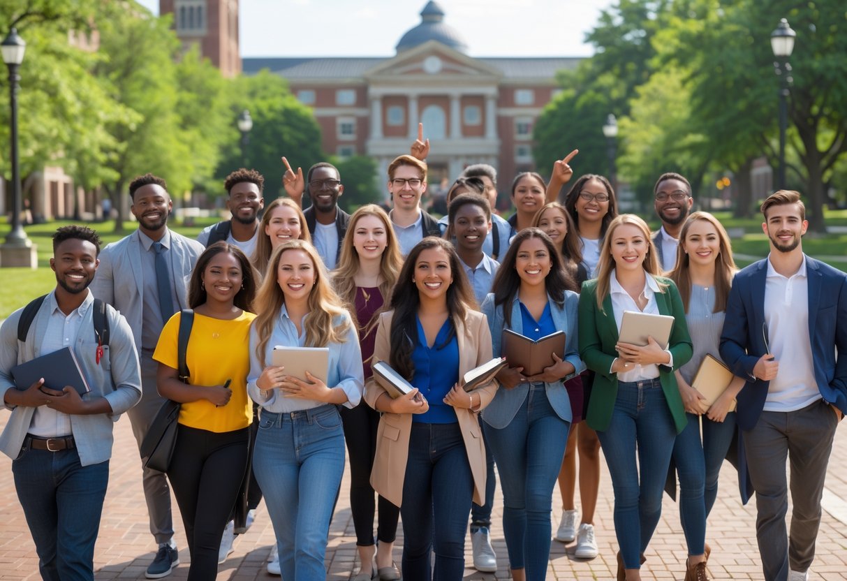 A group of diverse college students smiling and celebrating on a university campus with buildings and trees in the background.