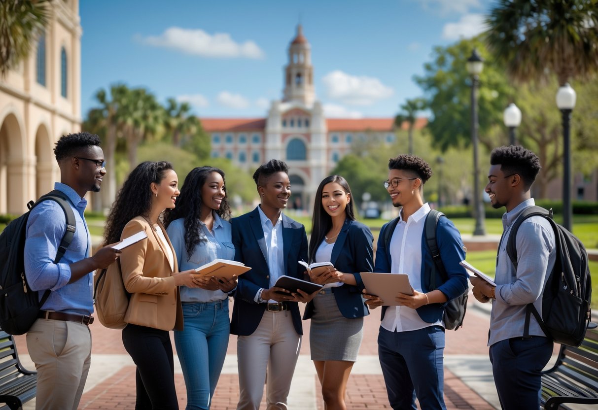 A group of diverse graduate students studying and talking together outdoors on a university campus with buildings and trees in the background.