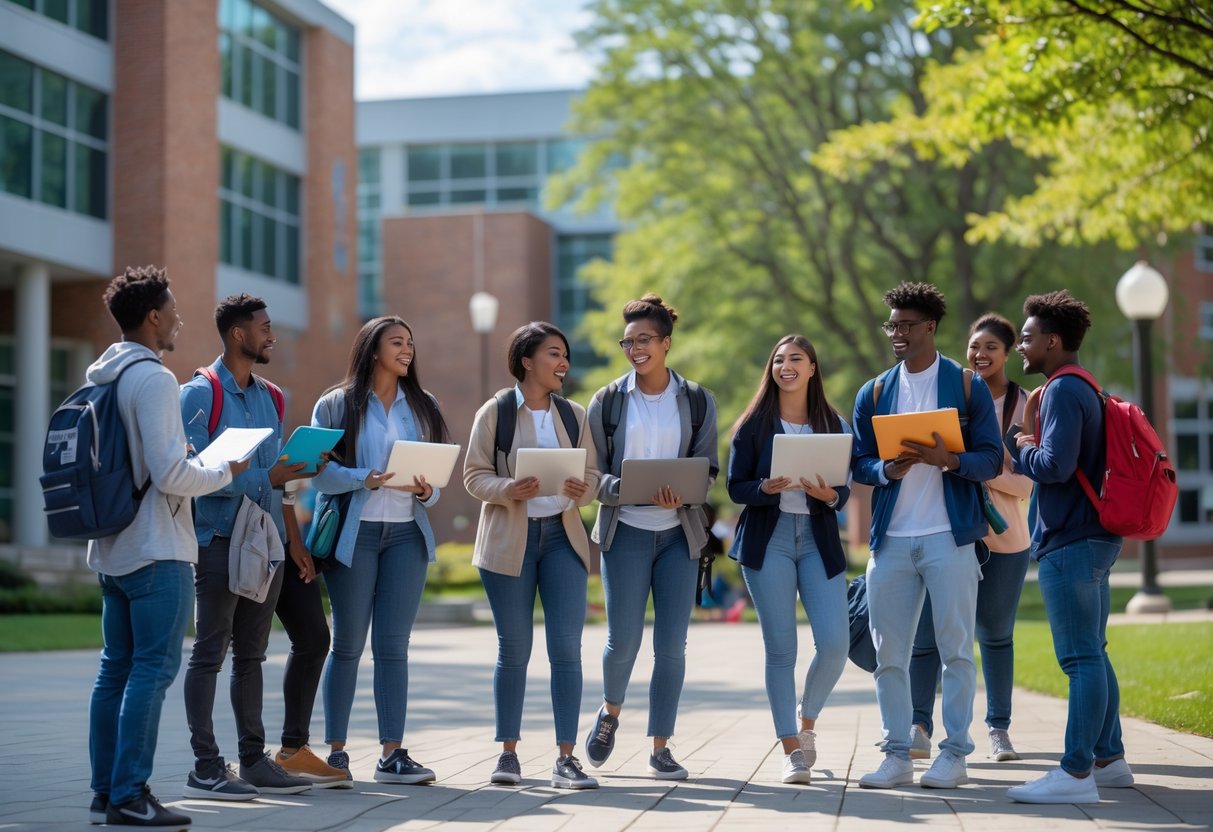 A diverse group of first-year university students studying and collaborating outdoors on a sunny day at a university campus.