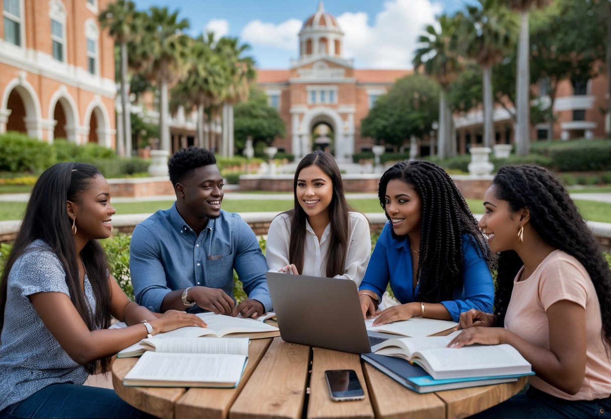 A diverse group of graduate students studying together outdoors on a university campus with buildings and trees in the background.