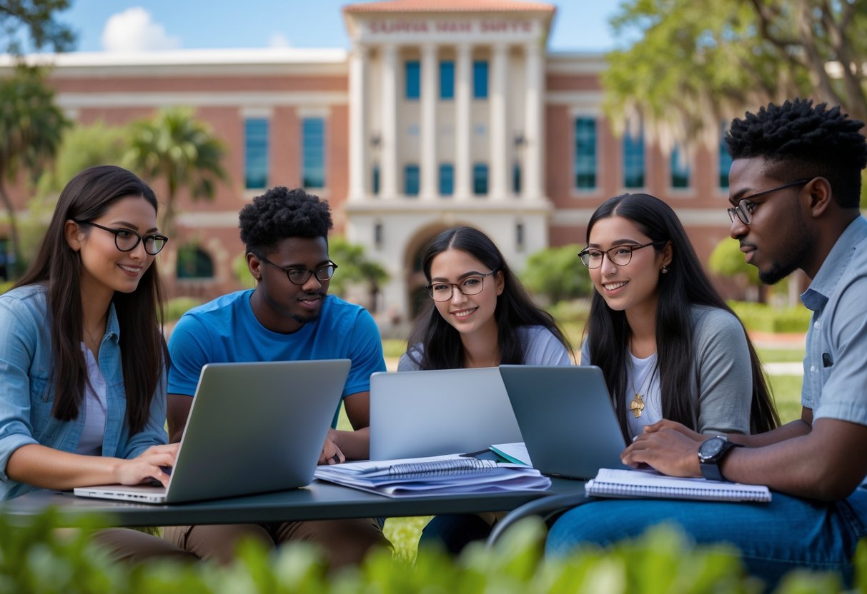 A group of diverse university students studying and collaborating outdoors near a college campus building.