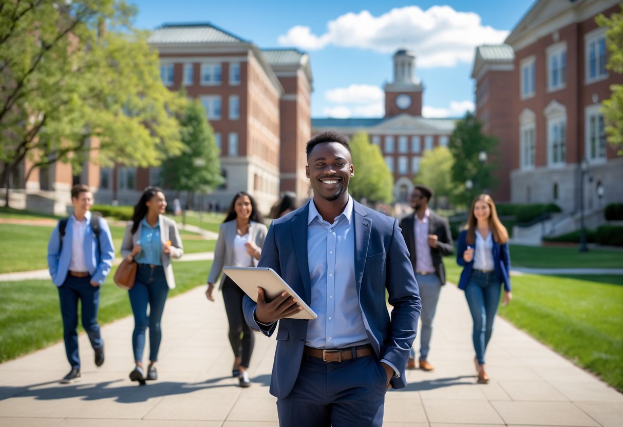 A diverse group of college students on a sunny university campus with academic buildings and green lawns.