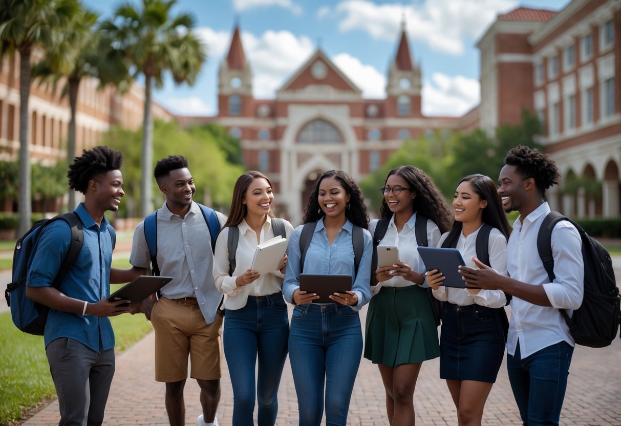A group of diverse college students smiling and interacting outdoors on a university campus with buildings and trees in the background.