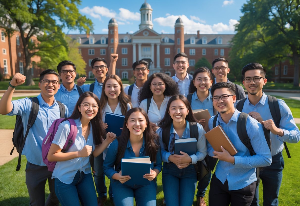 A group of diverse university students smiling and celebrating outdoors on a university campus with brick buildings and green lawns.