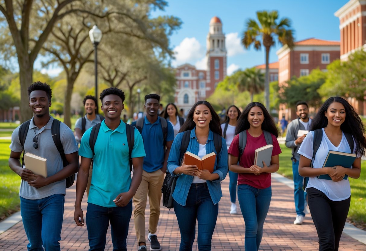 A group of diverse college freshmen students walking and talking on a university campus pathway with buildings and trees in the background.