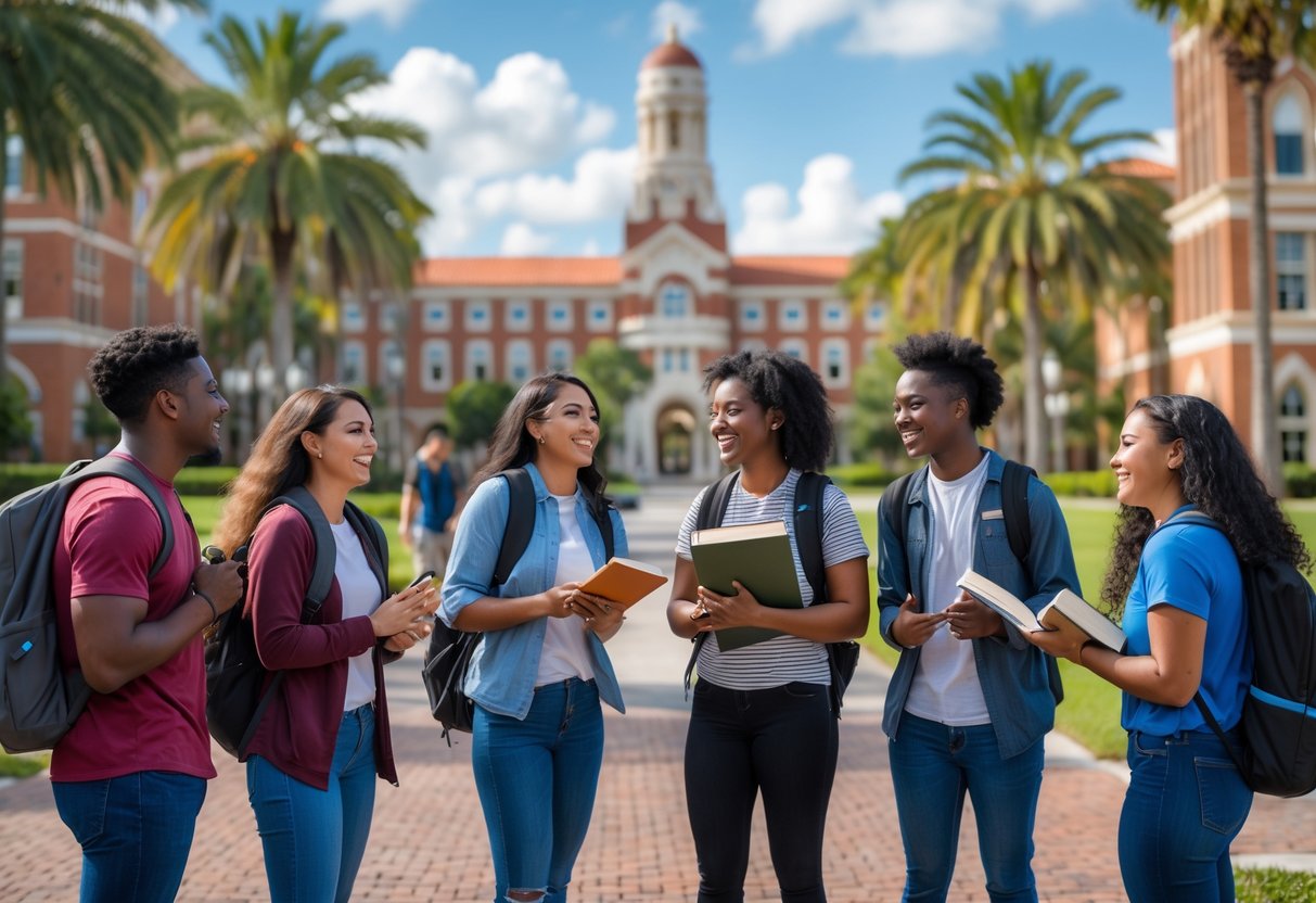 A group of diverse college students talking and smiling outdoors on a university campus with buildings and trees in the background.