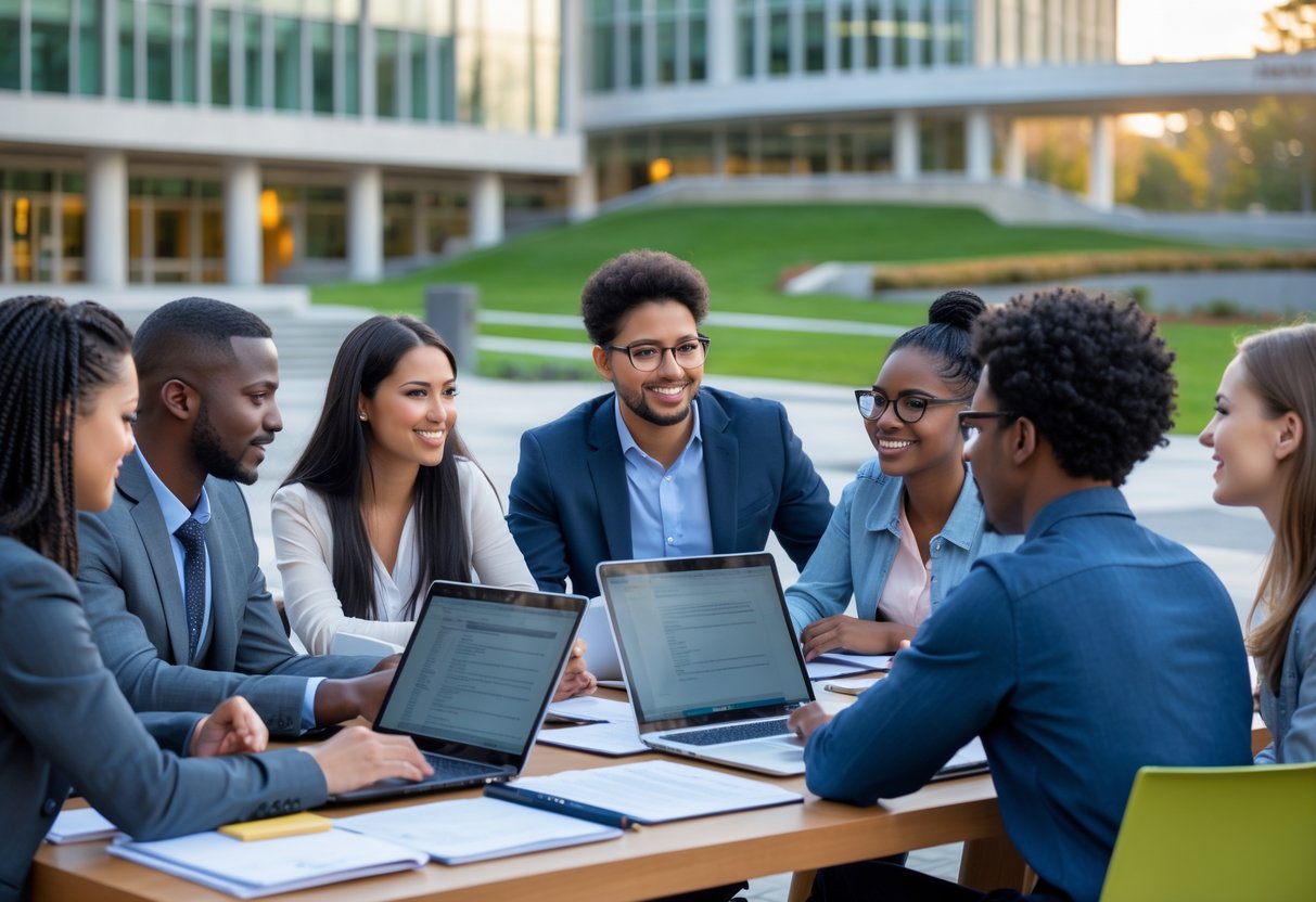 A diverse group of graduate students collaborating outdoors on a university campus with modern buildings in the background.