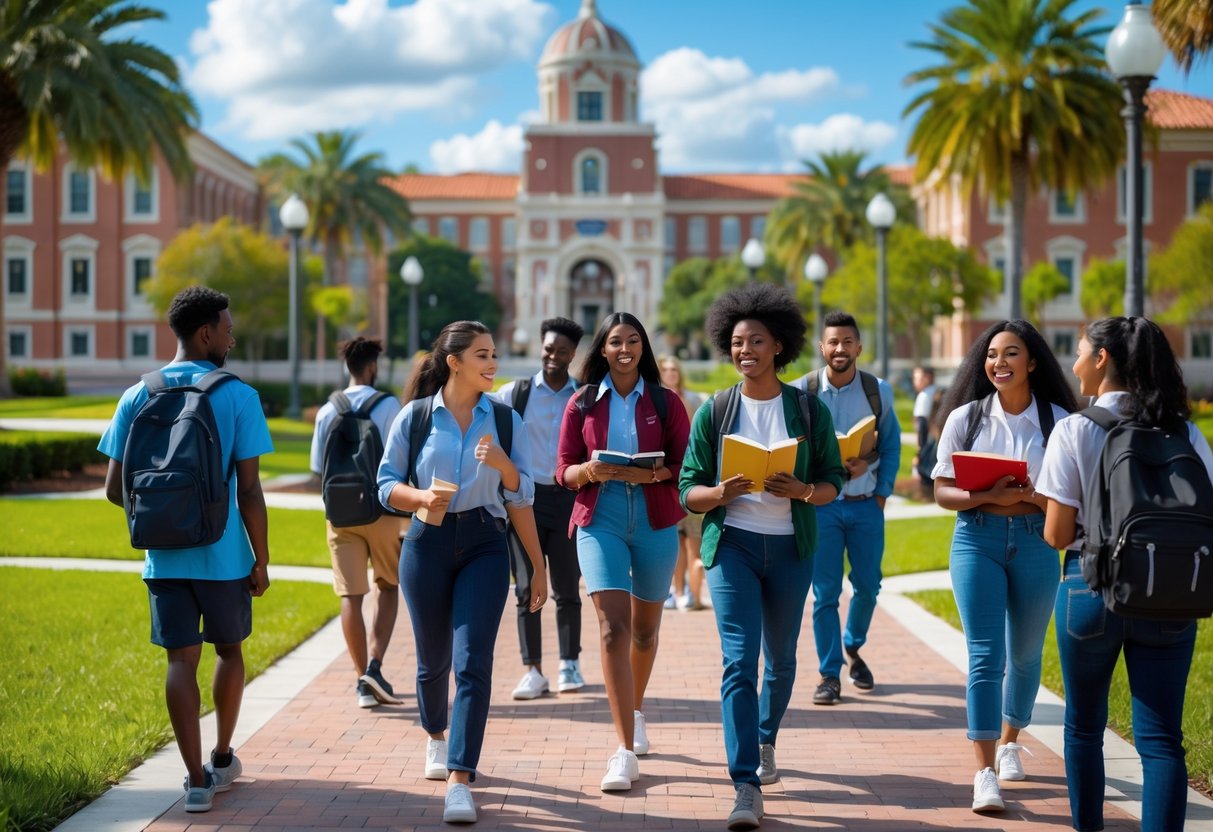 A group of diverse college students walking and studying outdoors on a sunny day at Florida State University campus.
