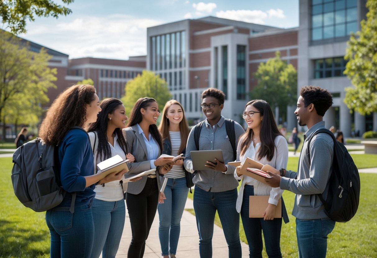 A group of university students studying and discussing together outdoors on a sunny day at a university campus.
