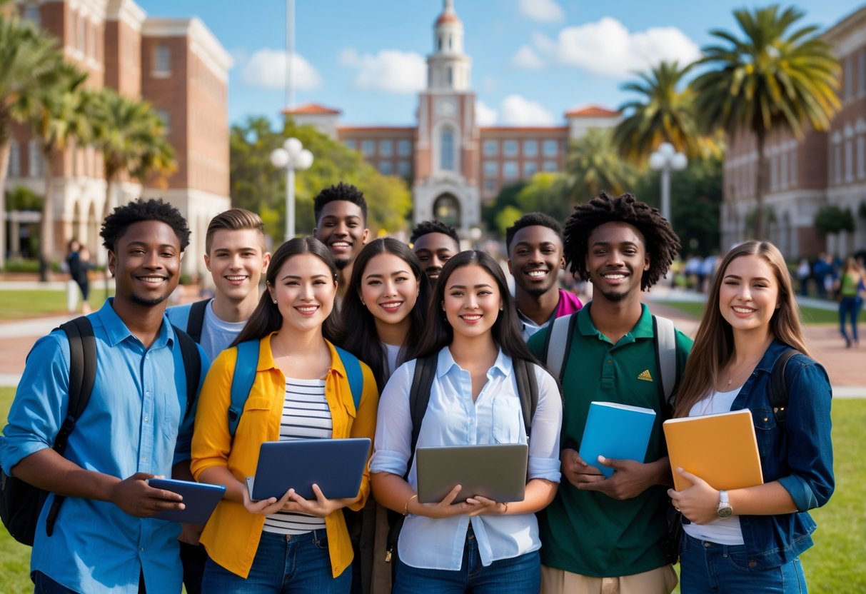 A group of diverse college students studying and smiling together outdoors on a university campus with buildings and palm trees in the background.