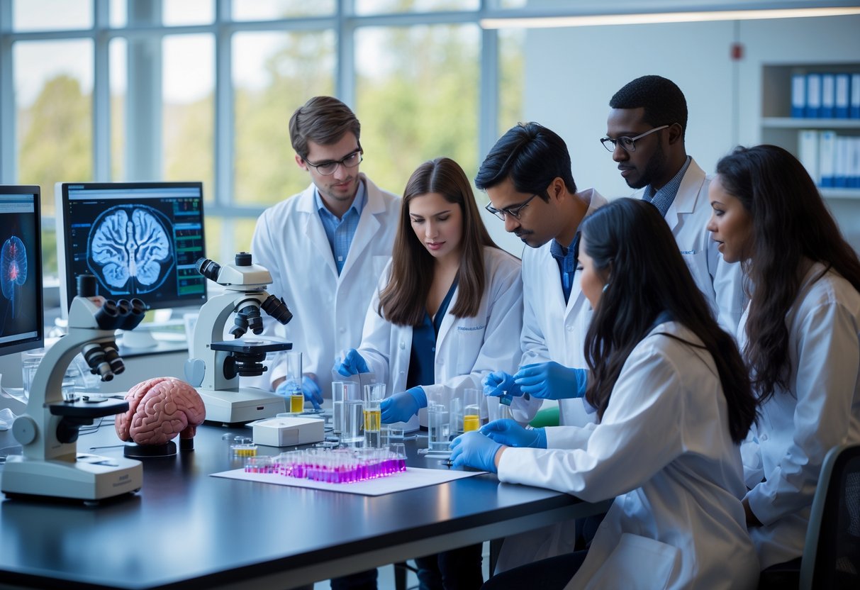 Graduate students working together in a neuroscience laboratory with scientific equipment and natural light in a university setting.