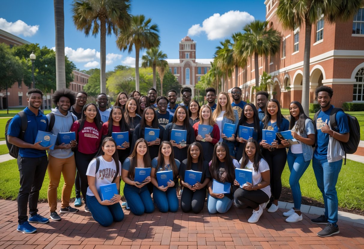 A group of diverse college students smiling and celebrating outdoors on a university campus with palm trees and red-brick buildings in the background.