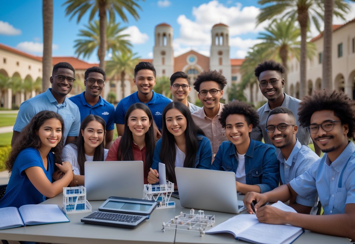 A diverse group of university students working together outdoors on STEM projects at a university campus with palm trees and modern buildings in the background.